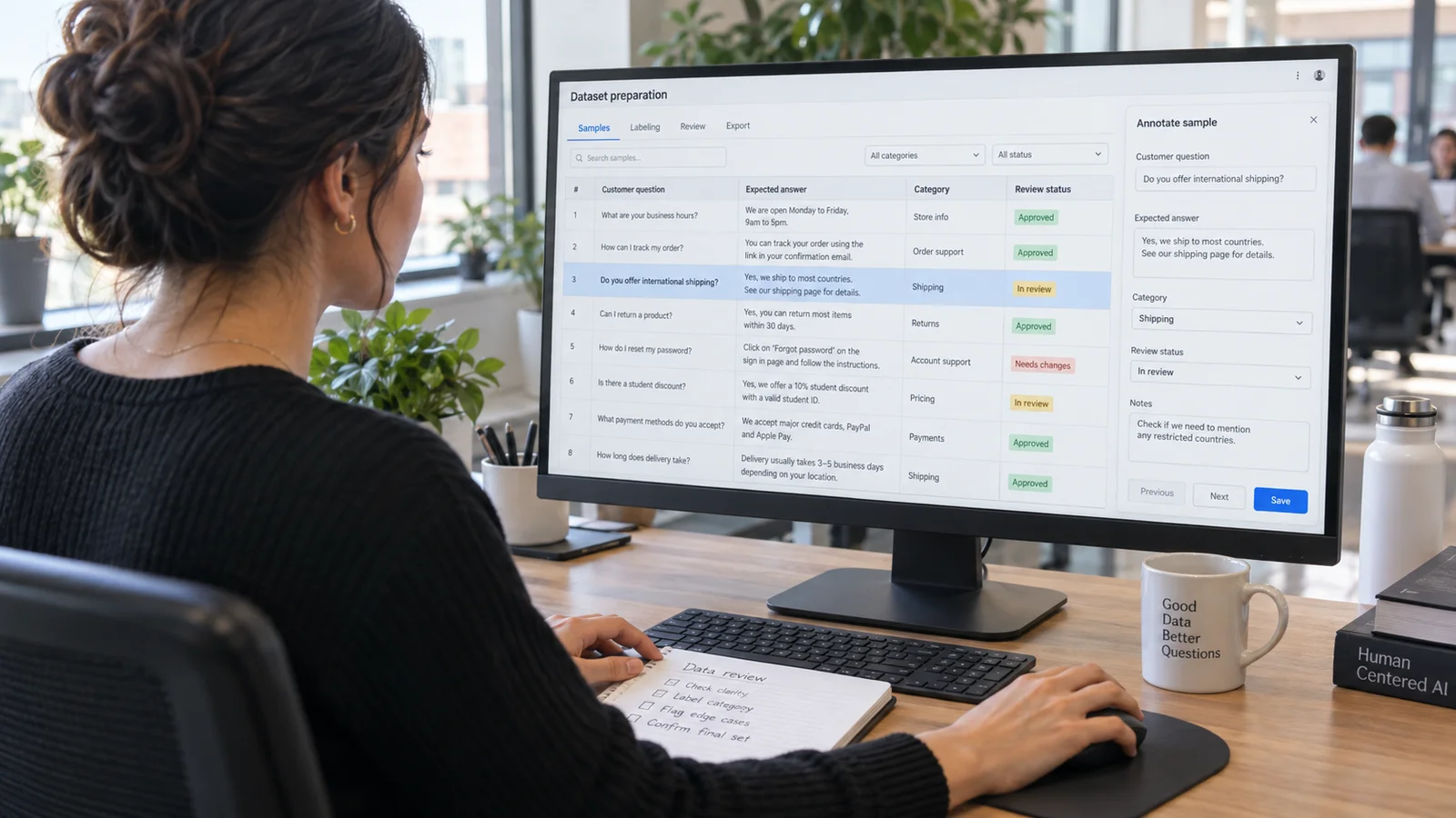 A data specialist reviewing and annotating evaluation samples in a dataset preparation interface