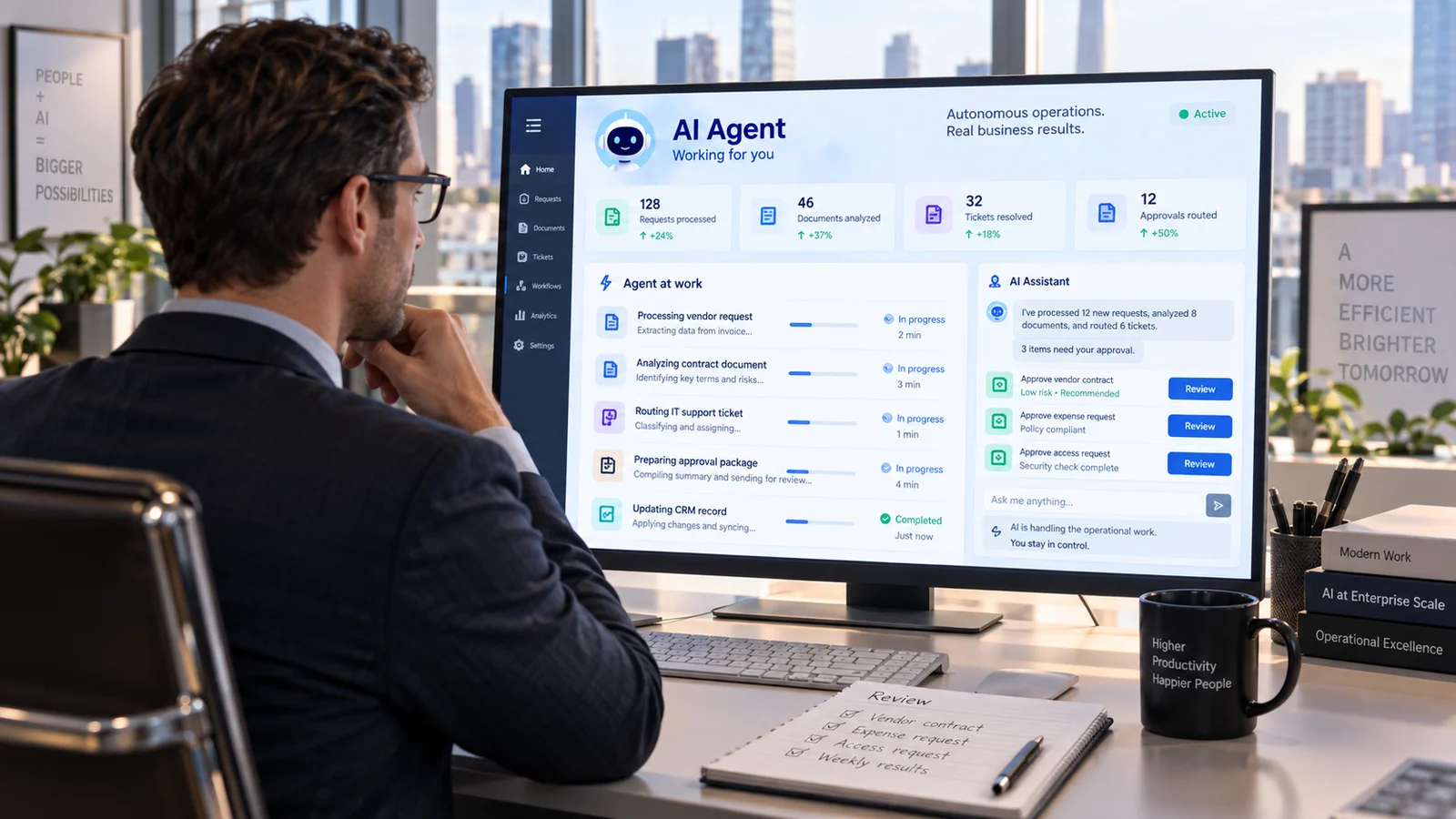A person reviewing tasks and approvals on an illustrative enterprise AI agent dashboard