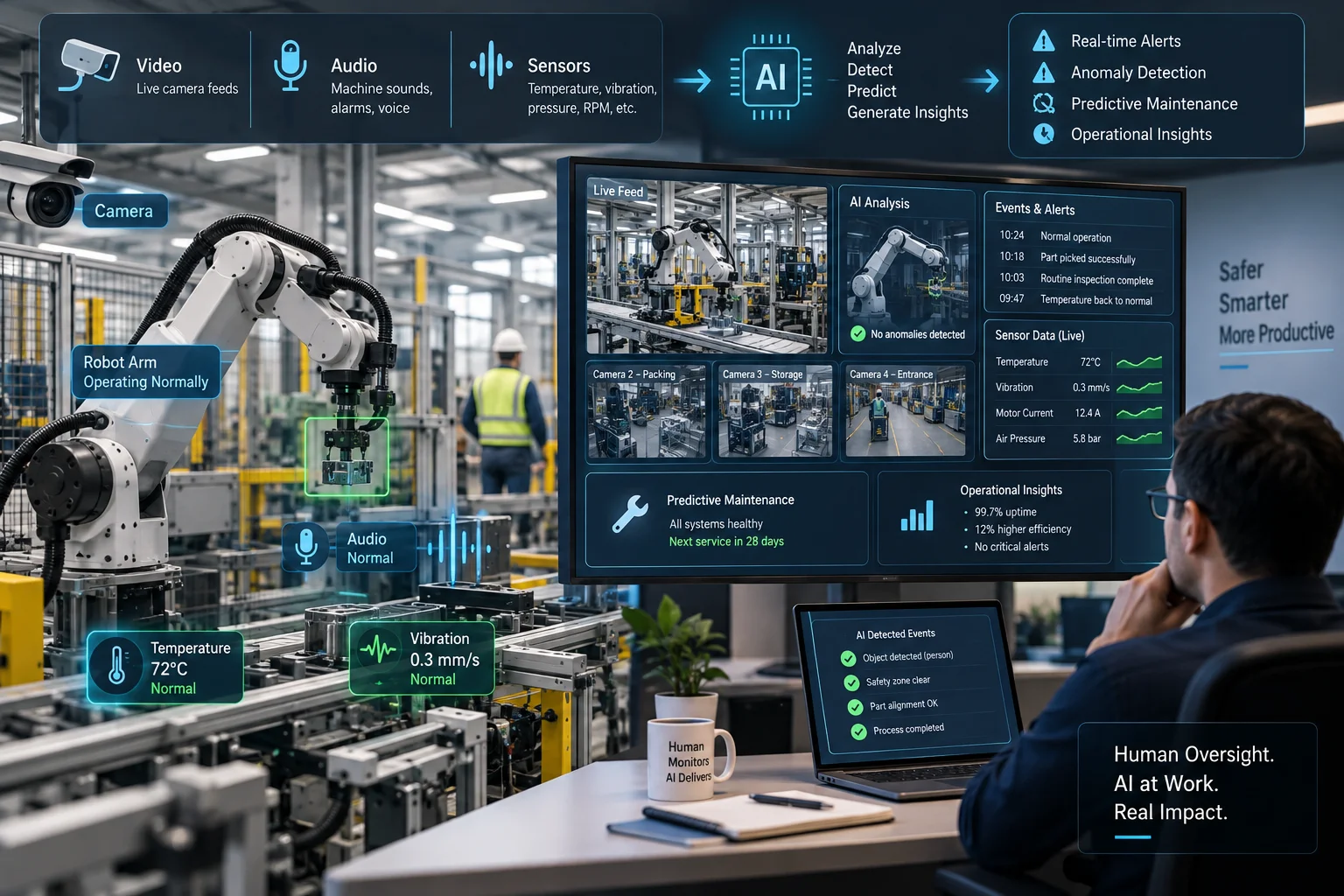 An operator supervising a robotic production line using video and sensor information