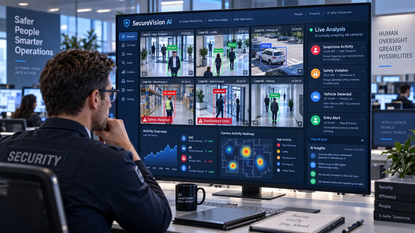 An operator reviewing monitoring dashboards and alerts in an illustrative AI operations scene