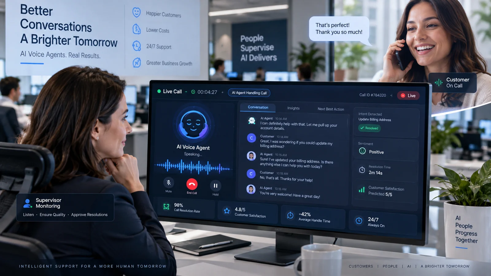 A supervisor monitoring an AI voice agent during a customer conversation